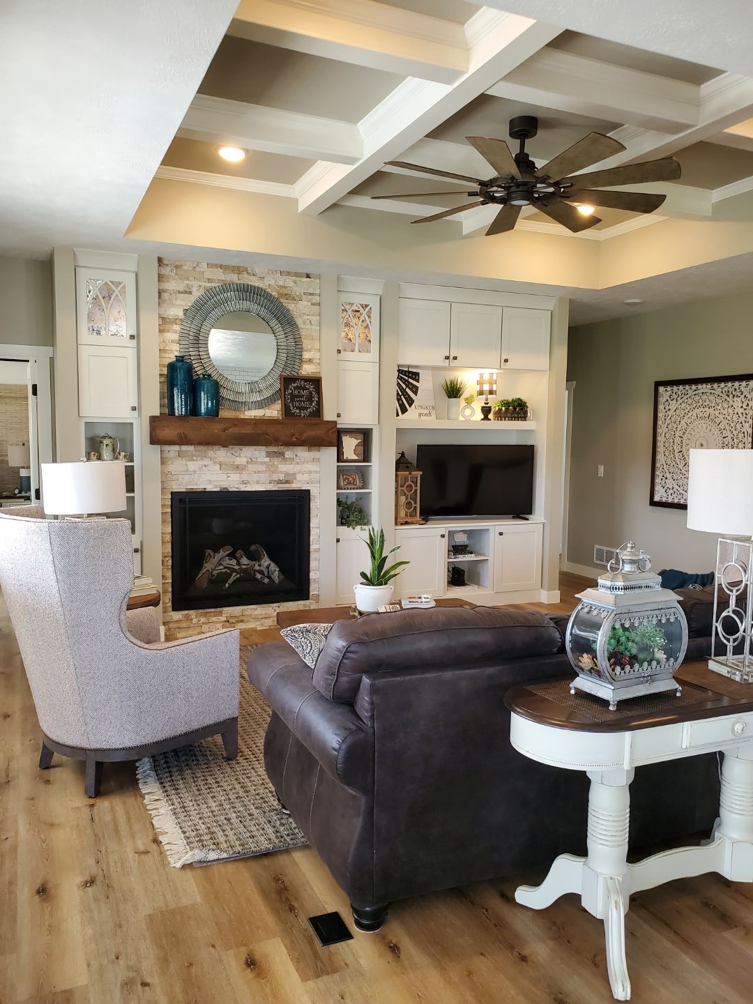 Living room stone fireplace